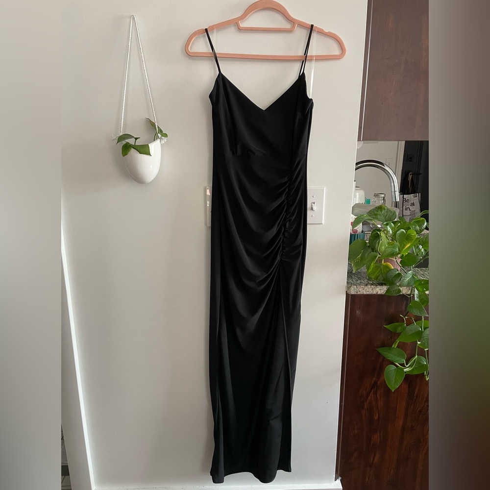 Formal ankle length black cami dress with leg slit